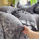 Yeknu  4-pcs Set with Linen Touch, Pure Polyester Material Ruffled Romantic Bow Design Girl Woman Bedroom Bedding Set Colored Flowers