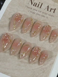 Yeknu  10pcs Handmade Almond Shaped Nail Art Pieces, Inlaid With Golden Flower Strips Detachable and reusable