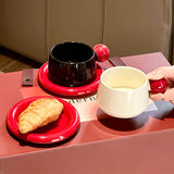 Yeknu  Creative Ceramic Milk Cups, Household Office Wedding Items, Porcelain Water Mugs, Vintage style Coffee Cup Red Plate Combination