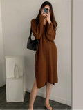 Knitted Autumn Winter V-Neck Dress Women Korean Style Loose Fashion Split Ladies Dresses Casual Woman Long Dress