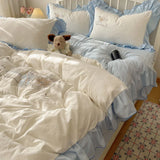 Yeknu  new lace embroidery small fresh and cute girl heart bed four-piece set washed cotton summer bed sheet quilt cover bed hat