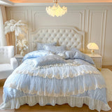Yeknu 4/6Pcs Pink Butterfly Jacquard Three-layer Lace Ruffles Princess Wedding Bedding Set Duvet Cover Bed Skirt Bedspread Pillowcases