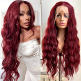 Yeknu  Burgundy Long Curly Wavy Red Wig Synthetic Middle Part Loose Deep Natural Wave 13X4 Wine Red Wigs for Women Daily Party Cosplay