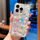 Yeknu  DIY Candy Bear Flower Pearl Heart Case For iPhone 13 14 Pro Max 11 15 Plus 17 Phone Cases Transparent Soft Shockproof Cover Capa