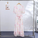 Yeknu  Holidays Print Women Long Dress Sexy V-neck Single Breasted Half Sleeve Female Dresses Summer Fshion Lady Robe New