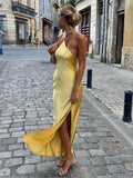 Yeknu  New Summer Fashion Backless Vacation Party Vestidos Satin Sexy Slim Slant Shoulder Solid Color Slit Casual Long Dress Vestidos