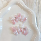 Yeknu  10pcs pure handmade coffin shaped nail art, beautiful fake nails, summer fresh gradient bow, suitable for women to use