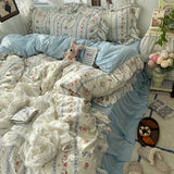 Yeknu 3/4Pcs Korean Princess Style Floral Ruffles Bedding Set Skin-friendly Soft Duvet Cover Set Bed Sheet Or Bed Skirt Pillowcases
