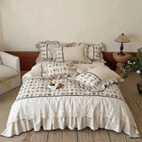 Yeknu  Vintage Floral Embroidery Cotton Linen Blend Bedding Set Ruffle Lace Edge Duvet Cover Flat Bed Sheet Pillowcases 4Pcs