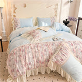 Yeknu  Flowers Lace Ruffles Princess Wedding Bedding Set Full Queen King Duvet Cover Bed Skirt/Bed Sheet/Fitted Sheet Pillowcases 4Pcs