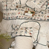 Yeknu  Vintage Floral Embroidery Cotton Linen Blend Bedding Set Ruffle Lace Edge Duvet Cover Flat Bed Sheet Pillowcases 4Pcs