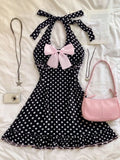 Yeknu  Women's Vintage Casual Fashionable Daily Versatile Outdoor Mesh Polka Dot Print Pink Bow Decor Double Ruffle Splice Cinc