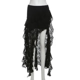 Yeknu  SylCue Mesh Patchwork Skirts Women Skinny Irregular Ruched Side Split Personality Niche Look Thinner Wild Street Style Bottoms