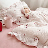 Yeknu INS Princess Ruffle Edge Gauze 100% Cotton Pillow Case Breathable Duvet Cover Without Filler 3PCS Floral Home Bedding Set