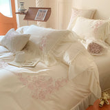 Yeknu  4Pcs Flowers Embroidery Lace Ruffles Princess Wedding Bedding Set Egyptian Cotton Duvet Cover Bed Sheet Pillowcases