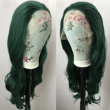 Yeknu  Long Curly Wavy Natural Wave Synthetic Hair Free Part Dark Green Body Wave Glueless Pre Plucked 13X4 Lace Frontal Wigs for Women
