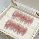 Yeknu  10pcs Star and Ripple Handmade Nails Painted Pink Press on Nail Medium Oval Full Coverage Nail Tips for Women&Girl False Nail