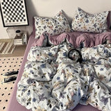Yeknu Korean Style Ins Retro Fresh Floral Washed Cotton Bed Four Piece Duvet Set, Student Dormitory Bed Sheet Three Piece Set