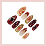 Yeknu  30pcs Cherry Lips Fake Nails Star Embossing Press on Nail Short Almond Full Coverage Nail Tips for Women&Girl False Nail Art