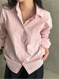Yeknu  Spring Summer Pink Striped Print Shirt Tops Women Casual Loose Korean Style Pleated Ladies Blouses Modis Long Sleeve Woman Shirt