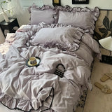 Yeknu  Hot Sale summer ice silk Korean large lace washed silk four-piece set lace mattress cool bed sheet summer bedding