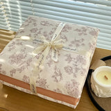 Yeknu Ins floral print Bedding set knitted cotton Flat sheet set Four pieces duvet cover double layer-yarn 4Pcs Cute Fitted sheet