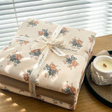 Yeknu Ins floral print Bedding set knitted cotton Flat sheet set Four pieces duvet cover double layer-yarn 4Pcs lovely Fitted sheet