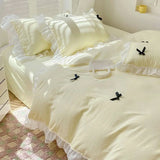 Yeknu  French Ins Princess Style Lace Four-piece Set Washed Cotton Embroidered Quilt Cover Set Bow Girly Heart Bed Sheet Three-piece