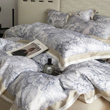 Yeknu Floral Plant Print Color Blocking Bedding Set Lyocell Bamboo Fiber Soft Silky Duvet Cover Flat/Fitted Bed Sheet Pillowcases 4Pcs