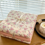 Yeknu Ins floral print Bedding set knitted cotton Flat sheet set Four pieces duvet cover double layer-yarn 4Pcs lovely Fitted sheet