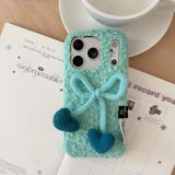 Yeknu  Luxury Furry 3D Bowknot Love Heart Case for iPhone 13 14 15 16 17 Pro Max 17Pro Candy Color Collision Winter Plush Ins Cover