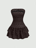 Yeknu  Sweetra New Winter French Fashion Polka Dot Lace Ruffle Bow Design Office Commute Casual Cute Sweet Style Strapless Bodycon Cinc