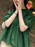 Yeknu  Summer Pullover T-Shirts Tops Women Loose Ruffle Pleated Fashion Ladies Cropped Blouses Casual Short Sleeve Korean Woman Tops