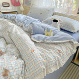 Yeknu  new small fresh printing French lace lace double four-piece set bedding wrinkled yarn student three-piece set