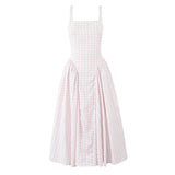 Yeknu  Jastie Lace Up Bandage Plaid Sling Dress Women Elegant Square Neck Low Waist A-line Midi Summer Dresses Holiday Party Robe