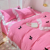 Yeknu  French Ins Princess Style Lace Four-piece Set Washed Cotton Embroidered Quilt Cover Set Bow Girly Heart Bed Sheet Three-piece