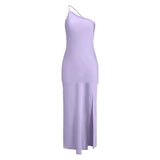 Yeknu  New Summer Fashion Backless Vacation Party Vestidos Satin Sexy Slim Slant Shoulder Solid Color Slit Casual Long Dress Vestidos