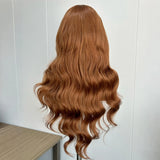 Yeknu  Ginger Brown Long Body Wave Synthetic Middle Part Natural Curly Loose Wavy Reddish Brown Heat Resistant Fiber Wigs for Women