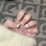 Yeknu  10pcs Press on Nails Daily Short Square Handmade Nail Art Nude French Pearl Bowknot False Nails Reusable Sweet Cute Fake Nails