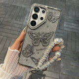 Yeknu  Hard Shell Butterfly Glitter Phone Case For Samsung S25 Ultra S25 S26 Ultra S26 S24 S23 A26 5G A16 Lncludes Bracelet Cover Funda