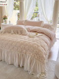 Yeknu  Korean Style Soft Cotton 3D Rose Lace Bedding Set, King Queen Luxury Princess Duvet Cover Bed Skirt Bedspread,High end Home 4pcs