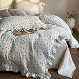 Yeknu INS Princess Ruffle Edge Gauze 100% Cotton Pillow Case Breathable Duvet Cover Without Filler 3PCS Floral Home Bedding Set