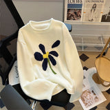 Yeknu  Women's Navy Pullover Sweater Harajuku Y2k Long Sleeves O-Neck Sweaters 90s Aesthetic Vintage 2000s Fashion Clothes Autumn