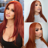 Yeknu  Natural Straight Layered Copper Red Synthetic Lace Front Wig Middle Part Auburn Long Wavy Ginger Brown Colored Daily Party Wig