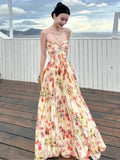 Yeknu  Oversized Pleated Hem Halter Dress Bohemian Floral Print Beach Seaside Holiday Dresses Summer Sleeveless Suspender Long Dress