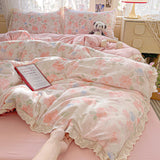 Yeknu Ins Floral Bedding Set Princess Duvet Cover Set Bed Linen Flat Sheets Set 2 Pillowcases Single Double Queen Size Back To School