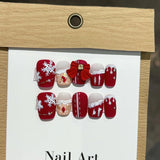 Yeknu  10pcs Christmas New Year Coffin Press on Nails Handmade White Snowflake Nail Red 3D Bowknot False Nails Pearl French Fake Nails