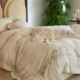 Yeknu Natural Cotton Linen Vintage French Flowers Embroidery Luxury Bedding Set Duvet Cover Flat/Fitted Bed Sheet Pillowcases 4Pcs