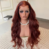 Yeknu  Reddish Brown Auburn Body Wave Synthetic Lace Front Wigs for Women Free Part Pre Plucked Long Curly Wavy Auburn Colored 13X4 Wig