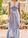 Yeknu  New Retro Plaid Midi Dress Spliced Lace Drawstring Square Neck Elegant Dresses Women Short Sleeve Slim Fit Summer Dress